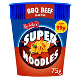 A 75g Batchelors Super Noodles BBQ Beef Flavour pot with a blue lid and a label showing noodles and "RRP 99p".